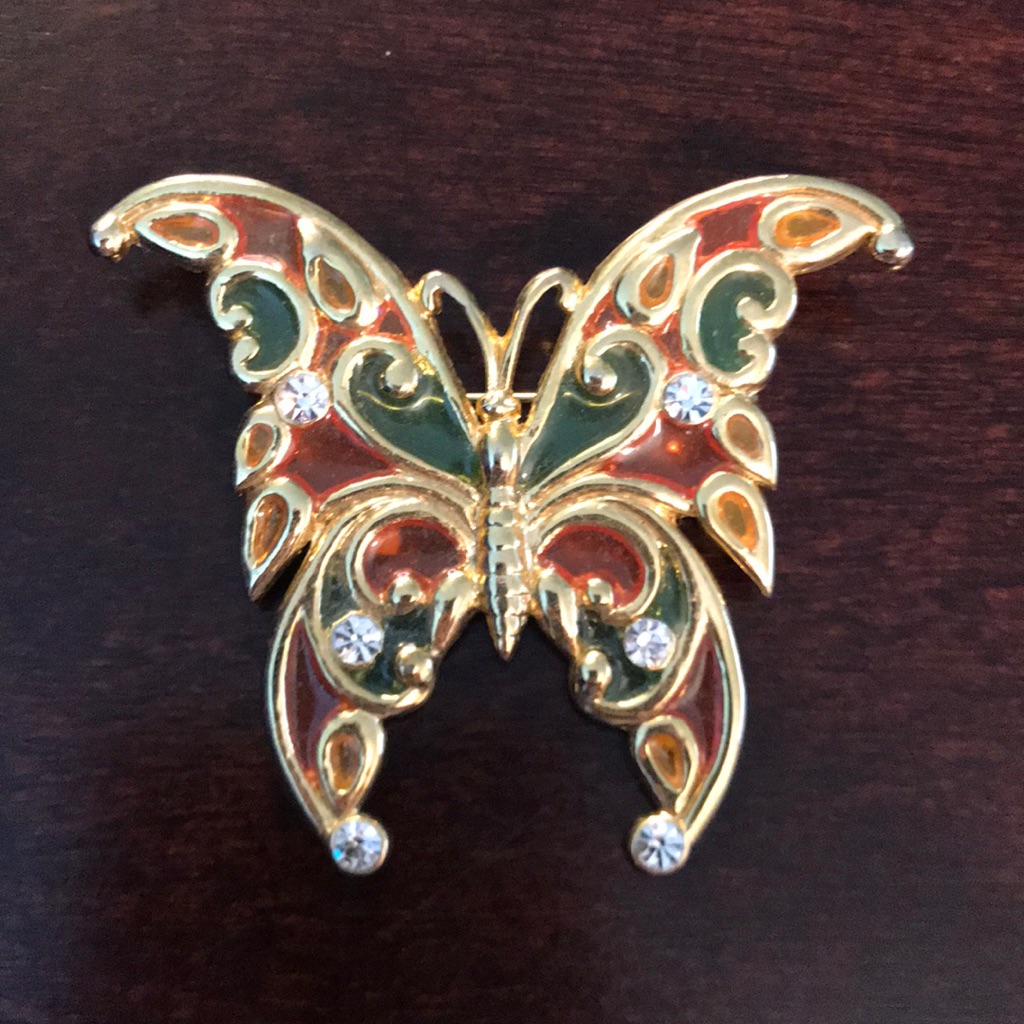 Vintage Sfj Signed Stained Glass Butterfly Brooch